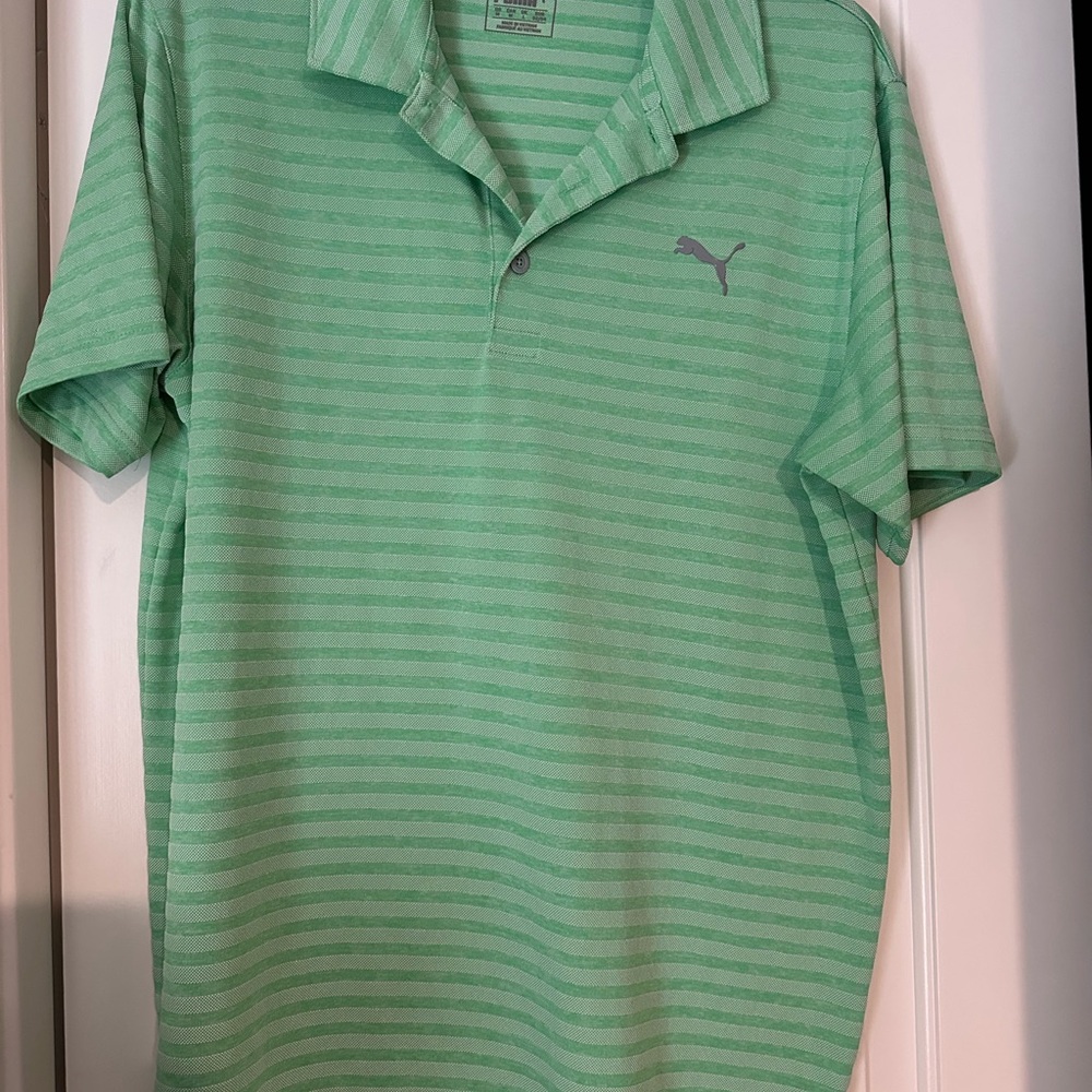 Puma Men's Green Striped Polo Shirt